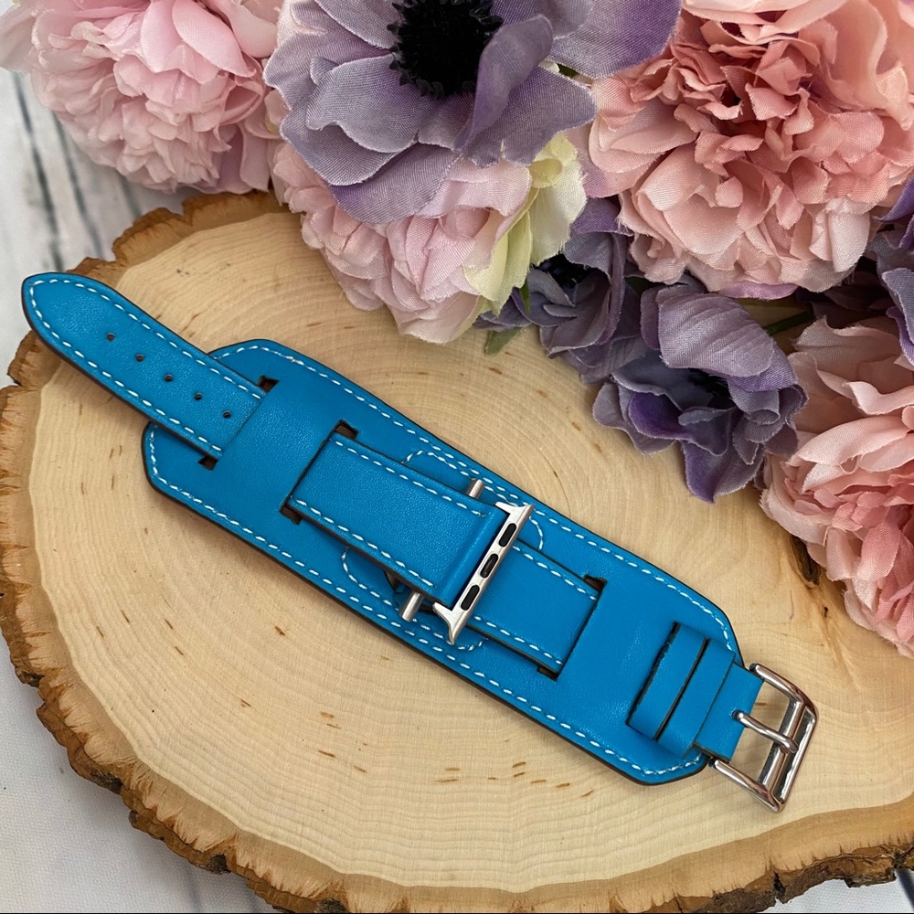 Vegan Leather Blue Double Cuff Watchband for Apple - Picture 10 of 14
